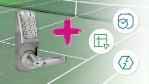 Illustration showing Zoho automation for community tennis court bookings with gate lock integration.